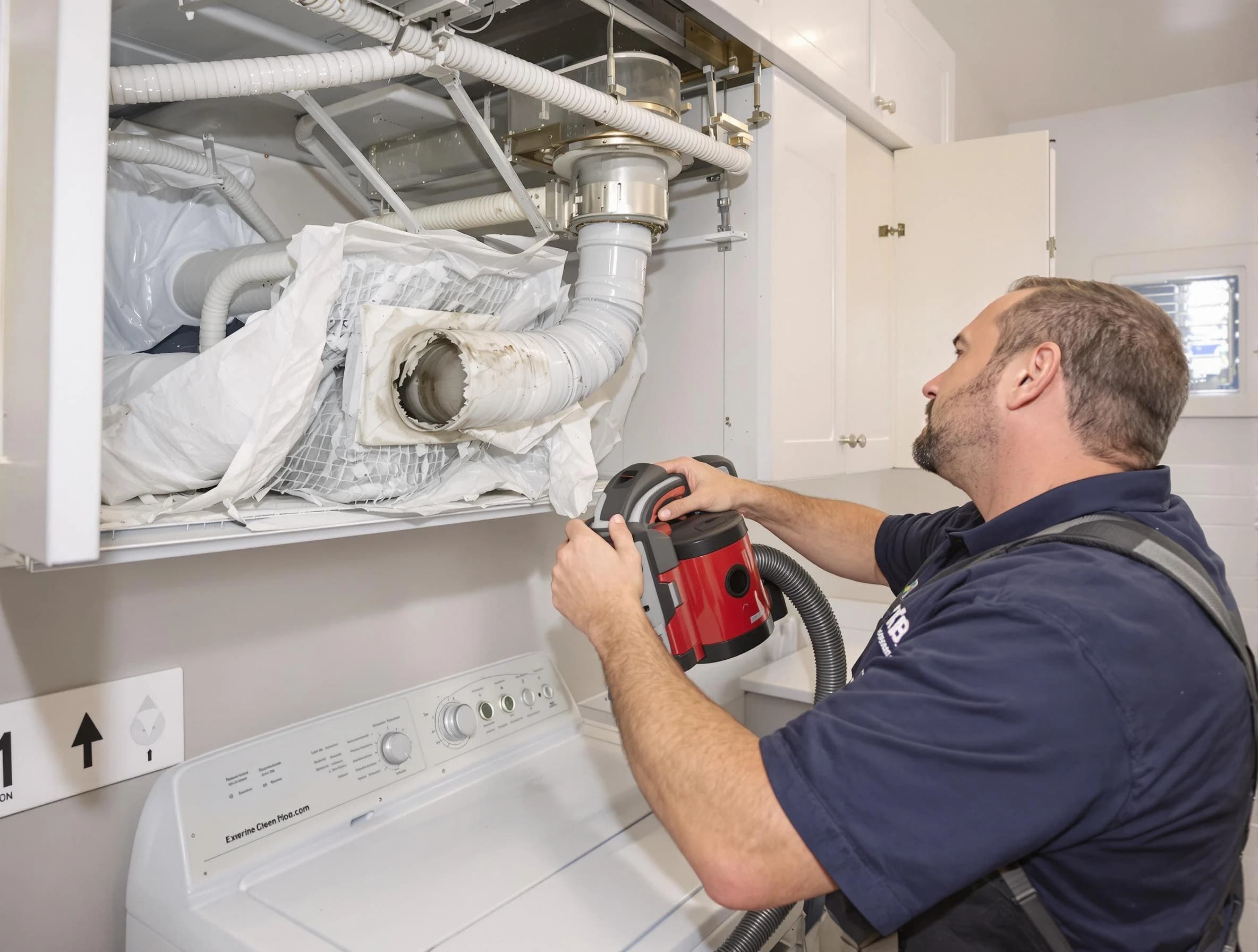 Moreno Valley Dryer Vent Cleaning technician performing professional exhaust vent cleaning at a residential property in Moreno Valley