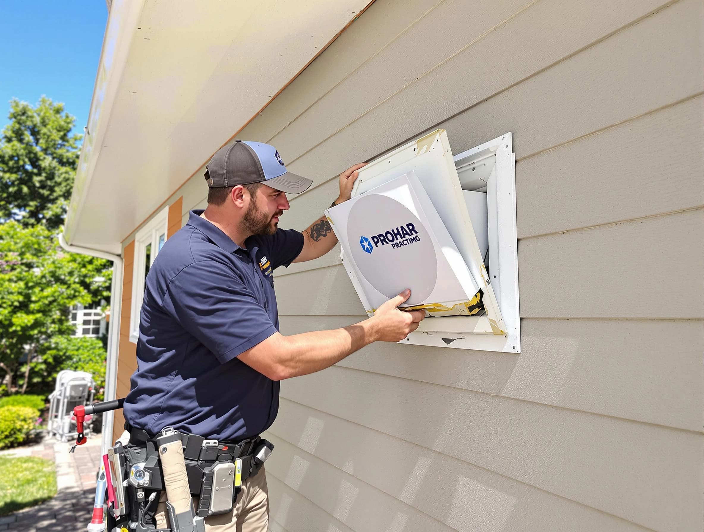 Moreno Valley Dryer Vent Cleaning technician installing a new protective dryer vent cover on a home in Moreno Valley