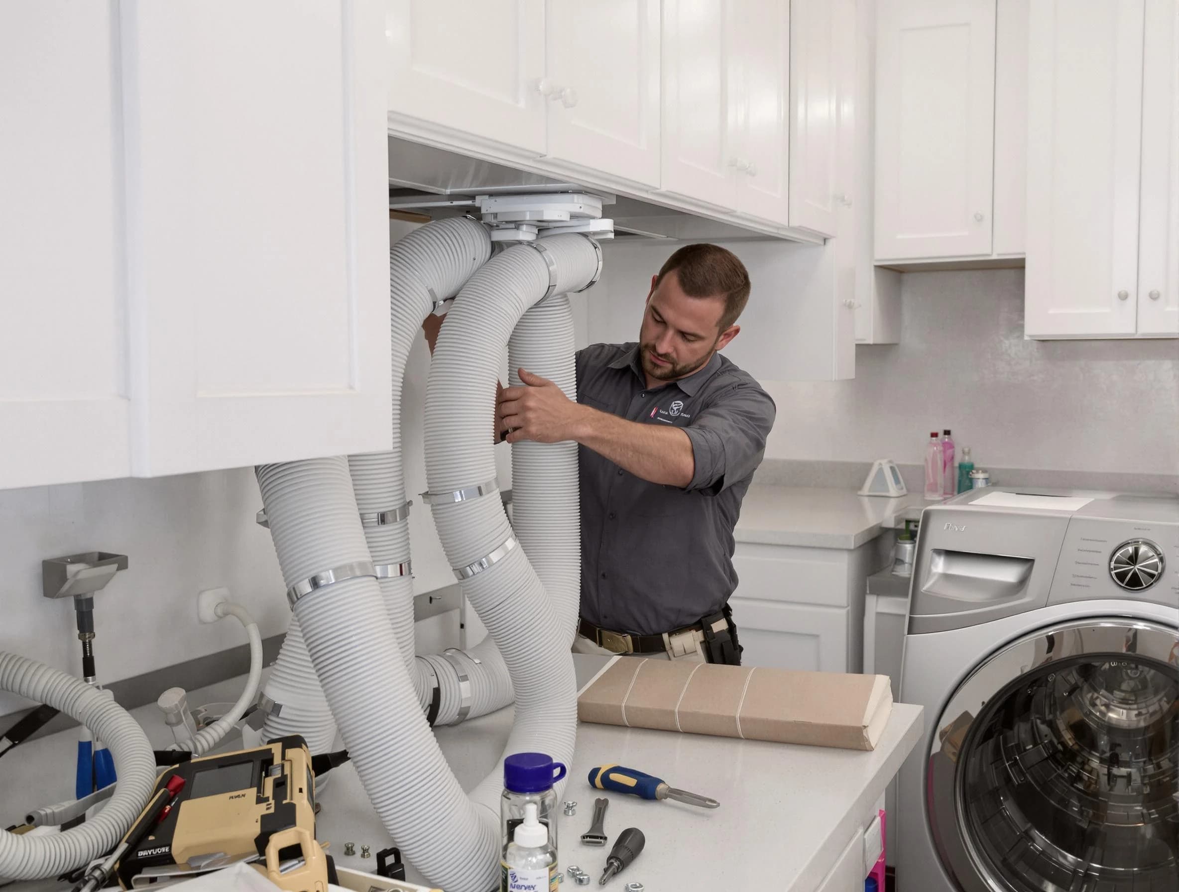 Moreno Valley Dryer Vent Cleaning technician installing a new professional-grade dryer vent hose in Moreno Valley