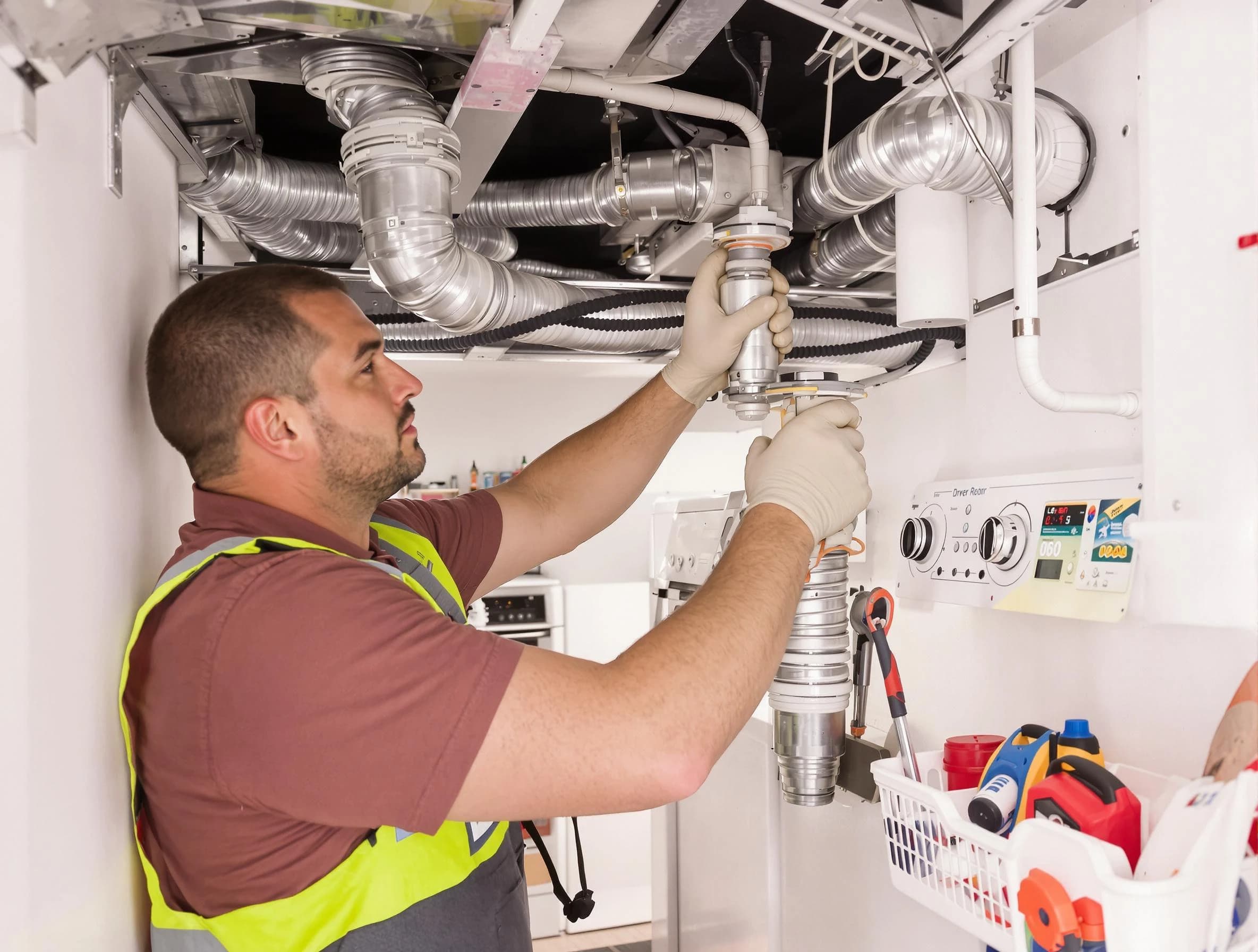 Moreno Valley Dryer Vent Cleaning expert performing both repair and installation work on a dryer vent system in Moreno Valley