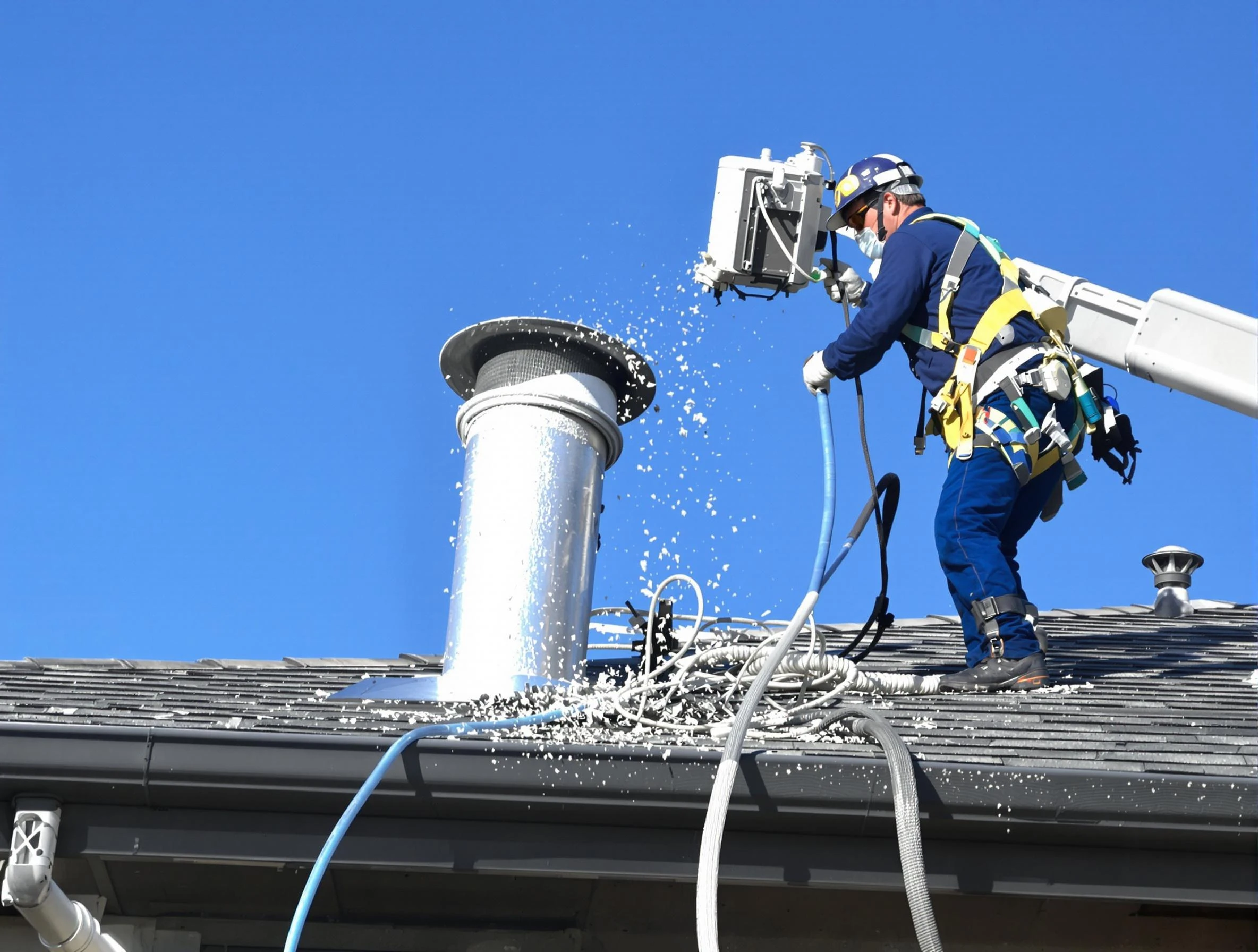 Moreno Valley Dryer Vent Cleaning certified technician safely cleaning a roof-mounted dryer vent in Moreno Valley