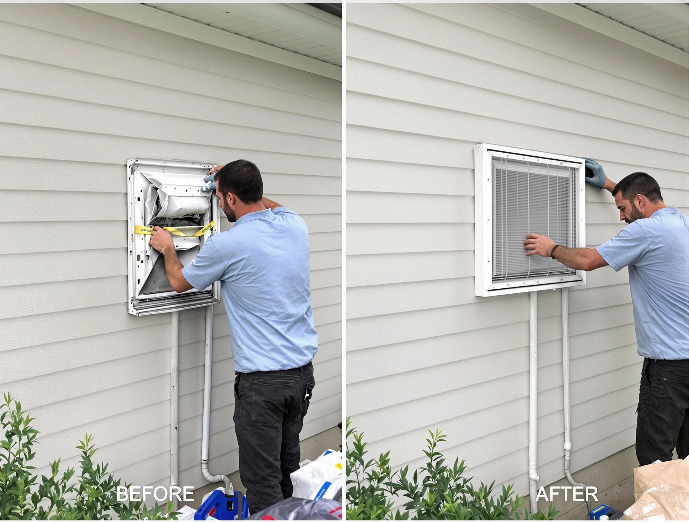 Moreno Valley Dryer Vent Cleaning technician installing high-quality dryer vent cover at a residential property in Moreno Valley