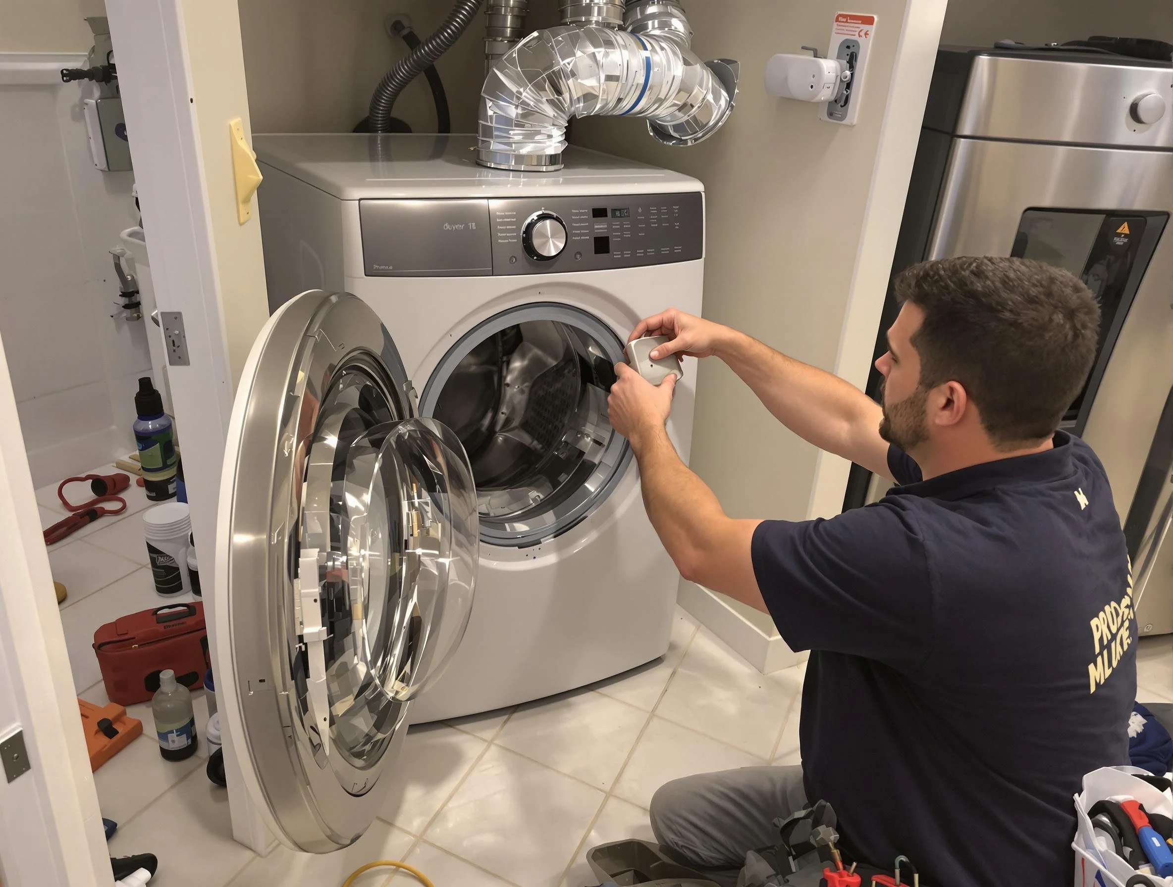 Moreno Valley Dryer Vent Cleaning technician performing precise dryer vent hose installation in Moreno Valley